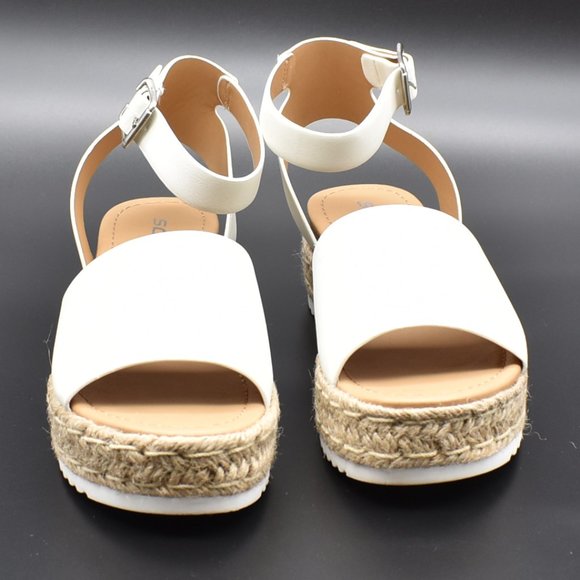 Women's Cute White Faux Leather Ankle Strap Toe Platform Espadrille Wedge Sandal - Picture 3 of 4